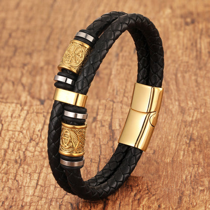 Gold-plated Double Leather Braided Bracelet