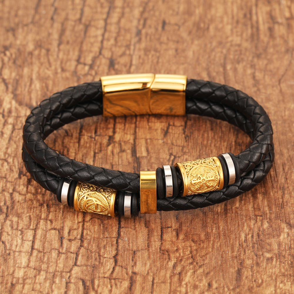 Gold-plated Double Leather Braided Bracelet