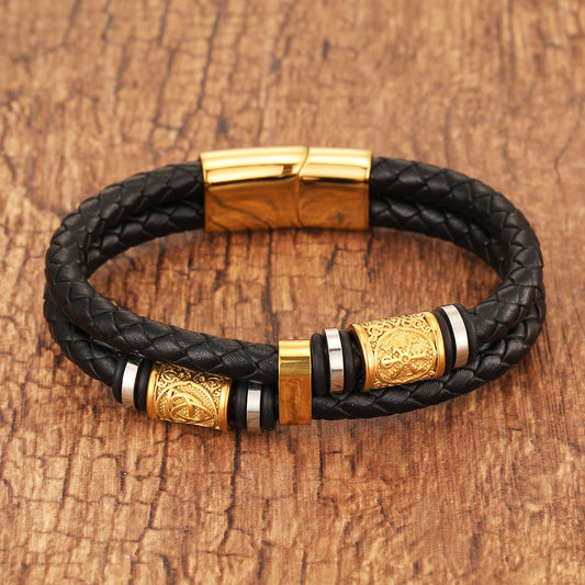 Gold-plated Double Leather Braided Bracelet