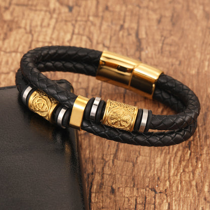 Gold-plated Double Leather Braided Bracelet
