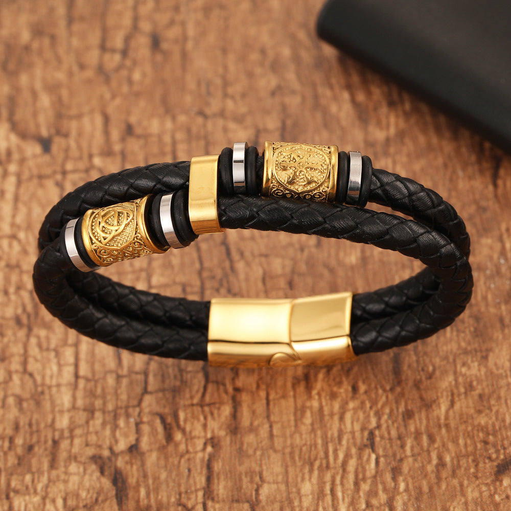 Gold-plated Double Leather Braided Bracelet