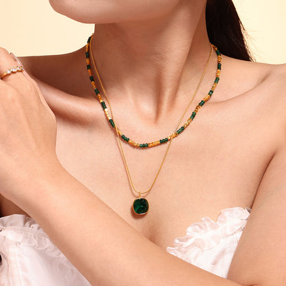 Beaded Crystal Stone Pendant Double Necklace