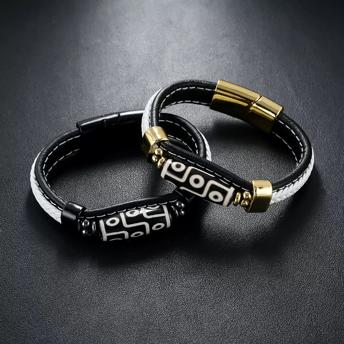 Nine-eye Ceramic And Leather Bracelet