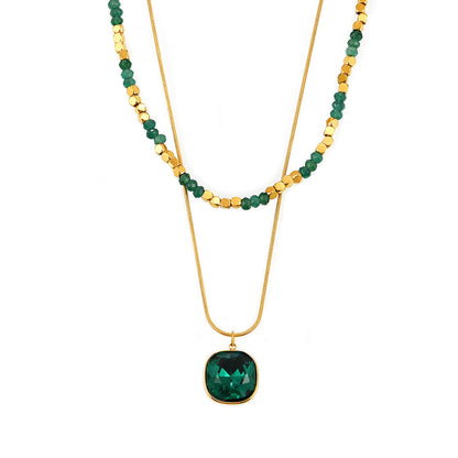 Beaded Crystal Stone Pendant Double Necklace