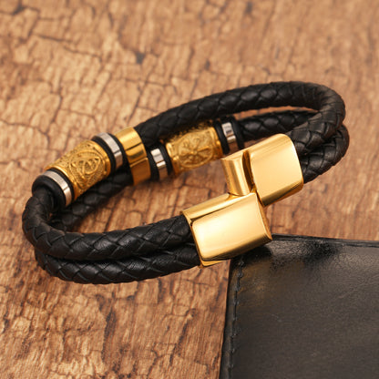 Gold-plated Double Leather Braided Bracelet