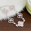 Mother-Of-Pearl Four-Leaf Clover Bracelet - Silver + Pink Flowers