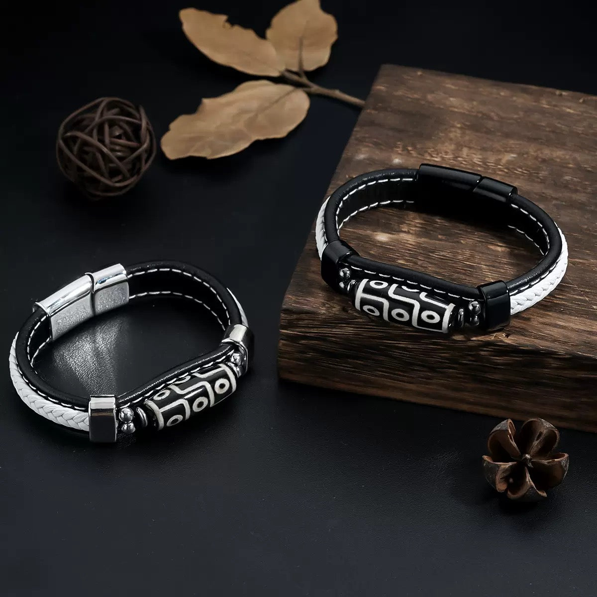 Nine-eye Ceramic And Leather Bracelet