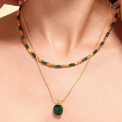 Beaded Crystal Stone Pendant Double Necklace